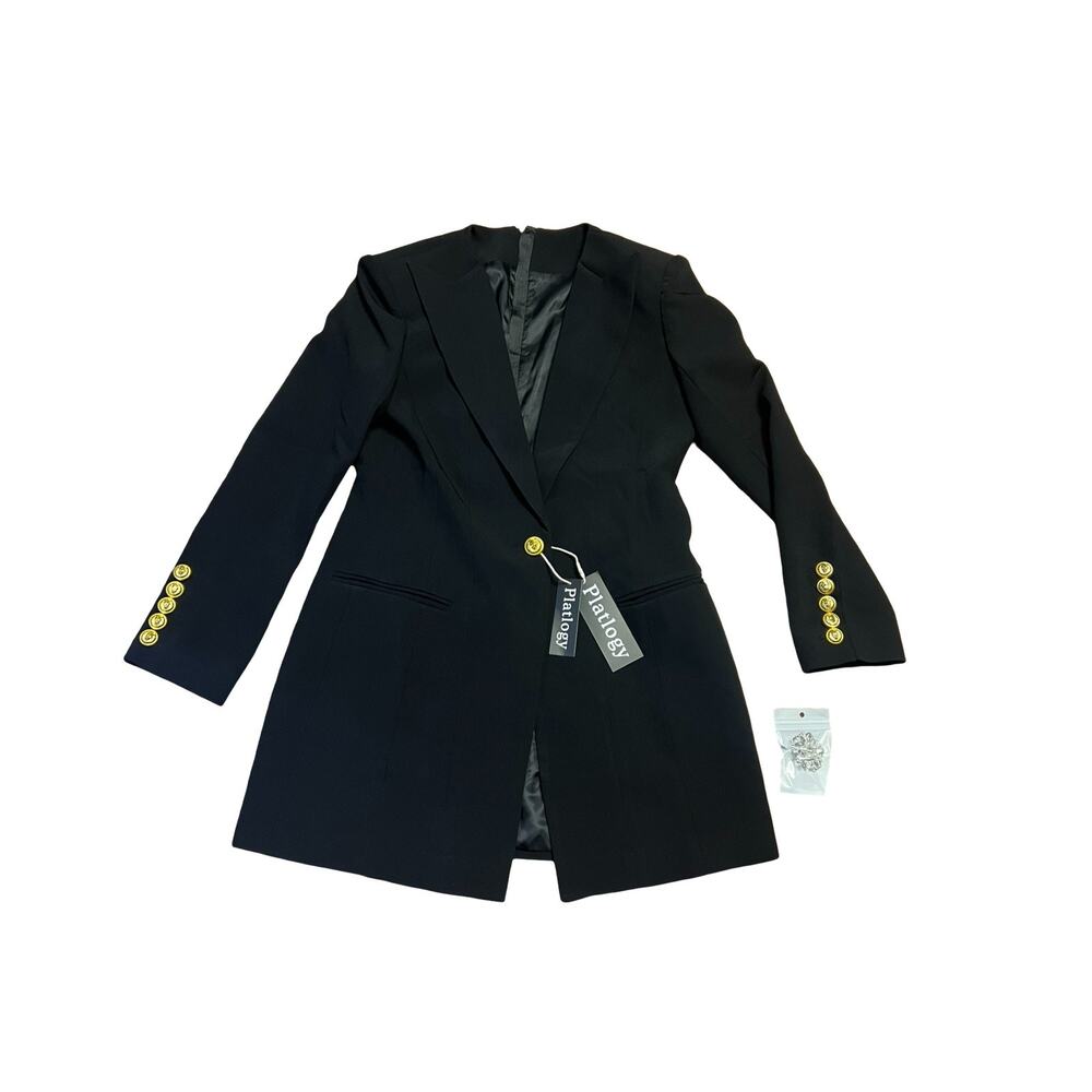Platlogy Womens Blazer Dress Size S Black Gold Buttons Long Sleeve Mini Full